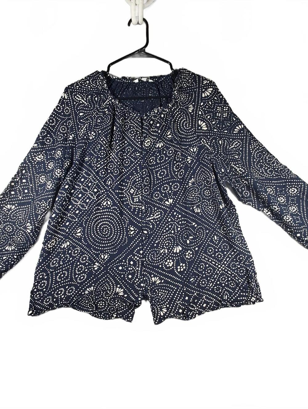 Lucky Brand Women’s L Navy Paisley Blouse 100% Viscose Long Sleeve Boho